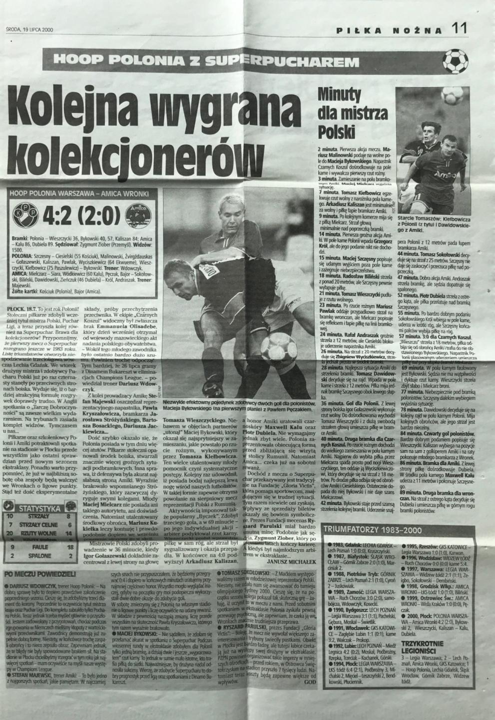 Przegląd Sportowy po meczu Polonia Warszawa - Amica Wronki 4:2 (18.07.2000).