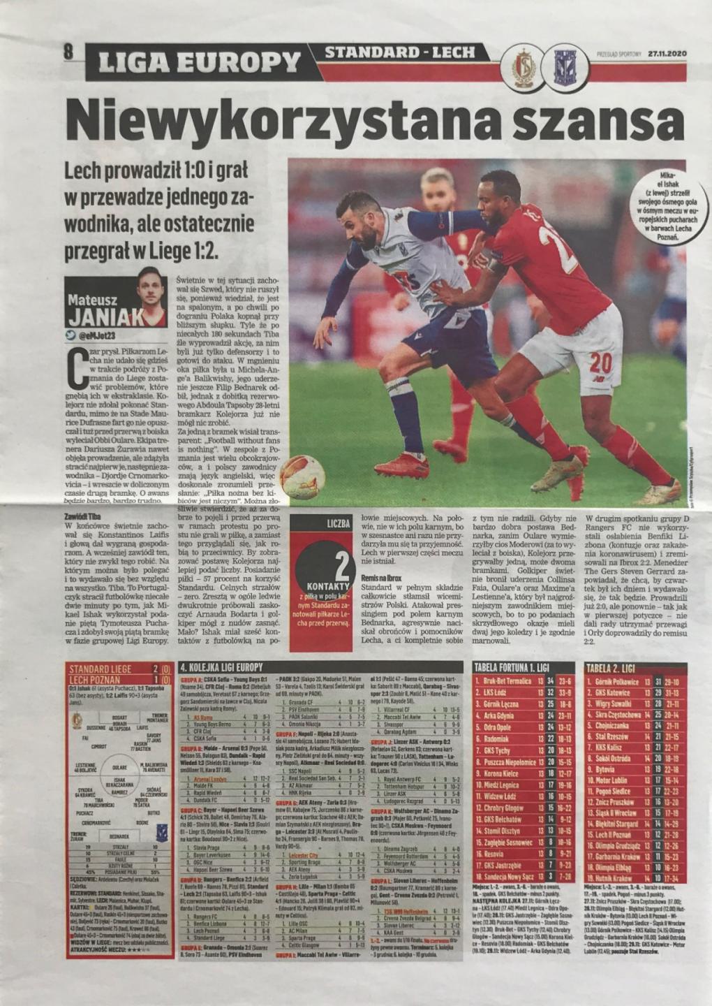 Przegląd Sportowy po meczu Standard Liège - Lech Poznań 2:1 (26.11.2020).