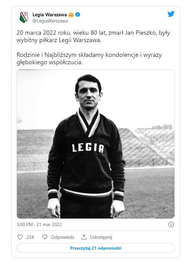 Twitt Legia Warszawa - Jan Pieszko (2022).