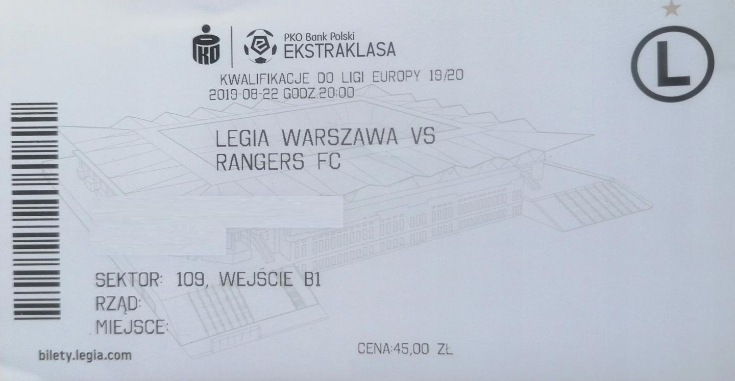 Bilet z meczu Legia Warszawa - Rangers FC 0:0 (22.08.2019)
