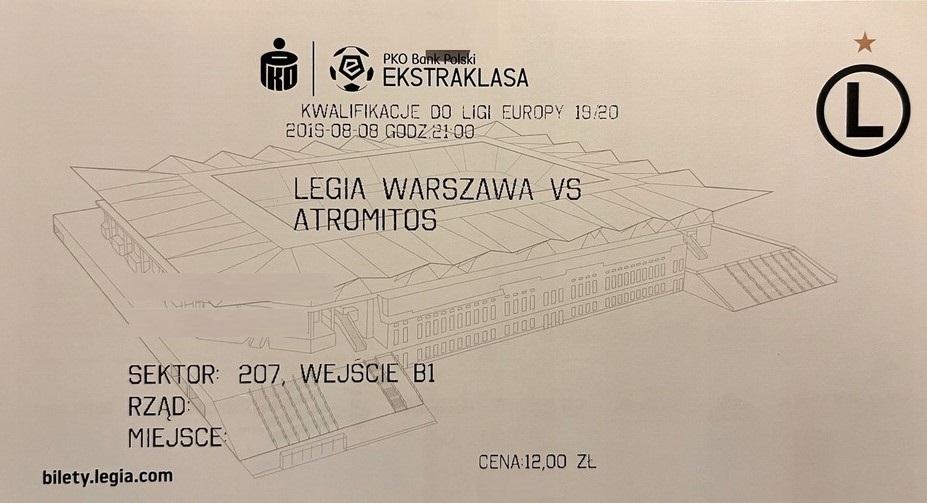 Bilet z meczu Legia Warszawa - Atromitos Ateny 0:0 (08.08.2019).