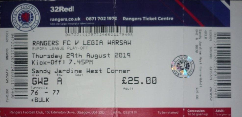 Bilet z meczu Rangers FC - Legia Warszawa 1:0 (29.08.2019).