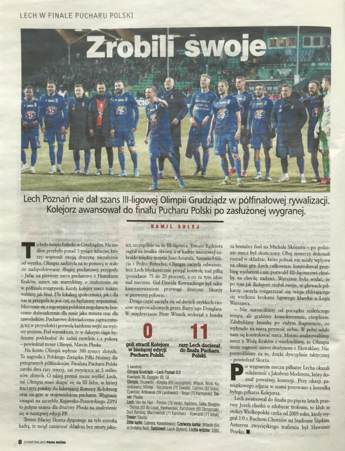 Piłka Nożna po meczu Olimpia Grudziądz - Lech Poznań 0:3 (05.04.2022).