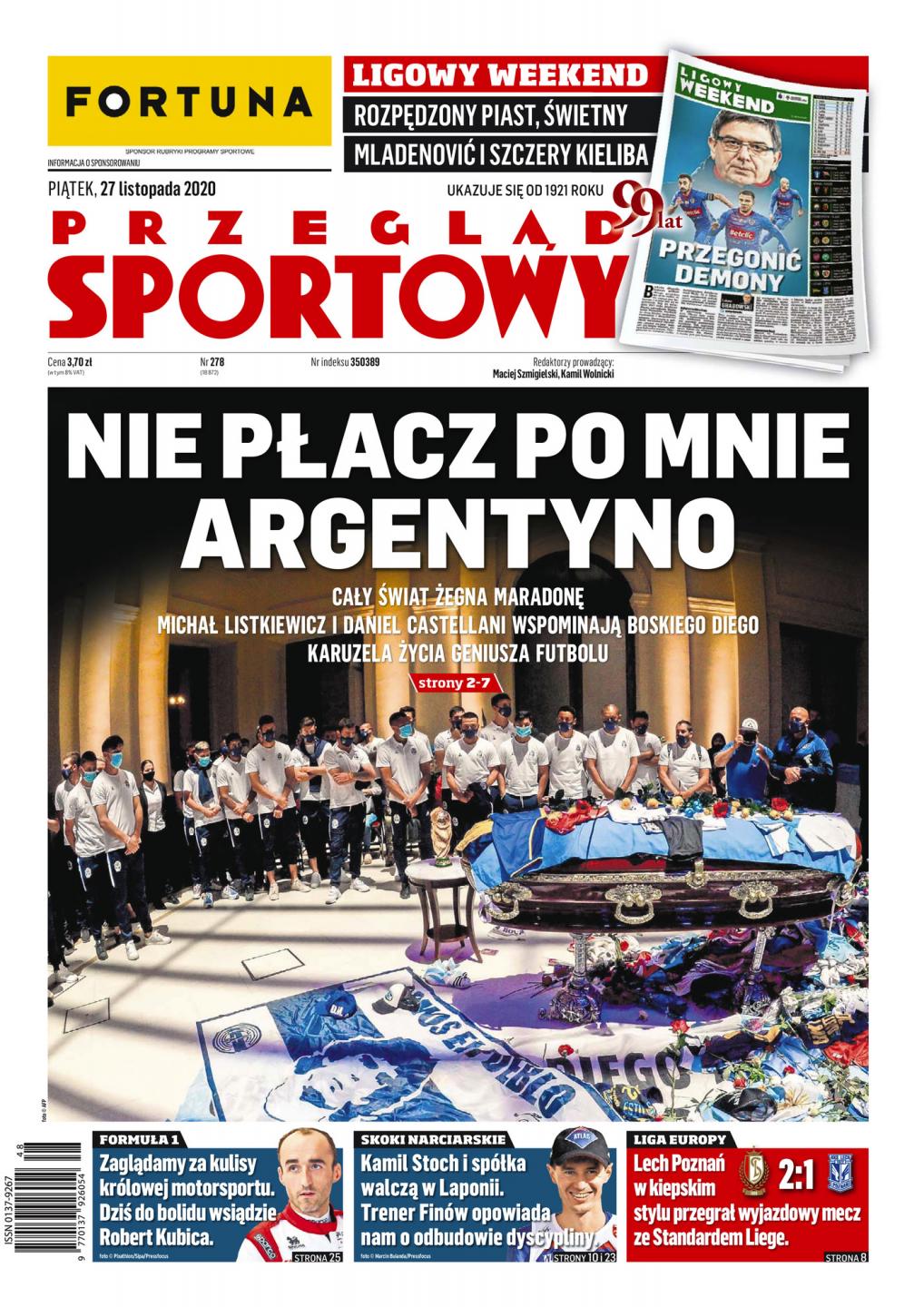 Okładka Przegląd Sportowy po meczu Standard Liège - Lech Poznań 2:1 (26.11.2020).