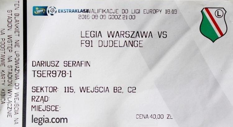 Bilet z meczu Legia Warszawa - F91 Dudelange 1:2 (09.08.2018).