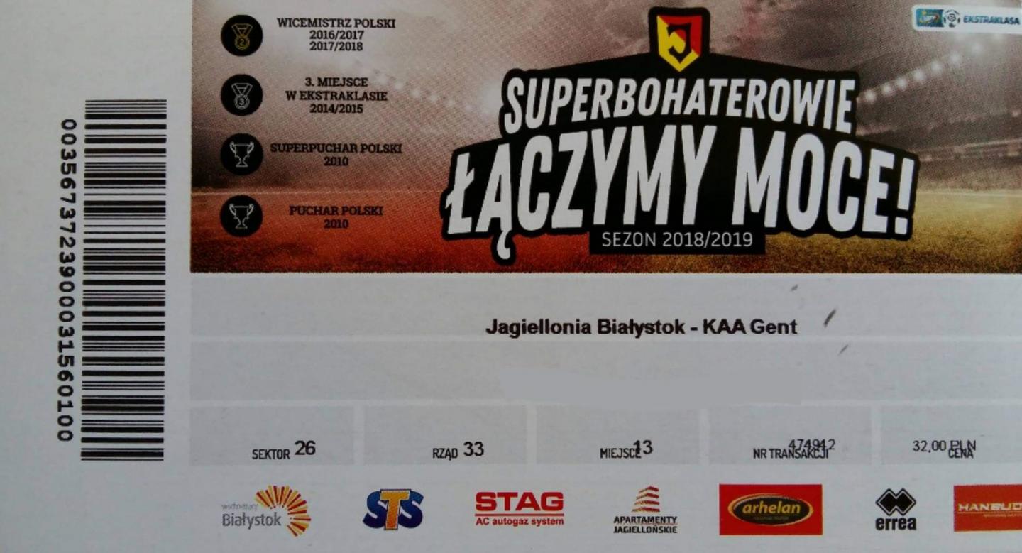 Bilet z meczu Jagiellonia Białystok - KAA Gent 0:1 (09.08.2018).