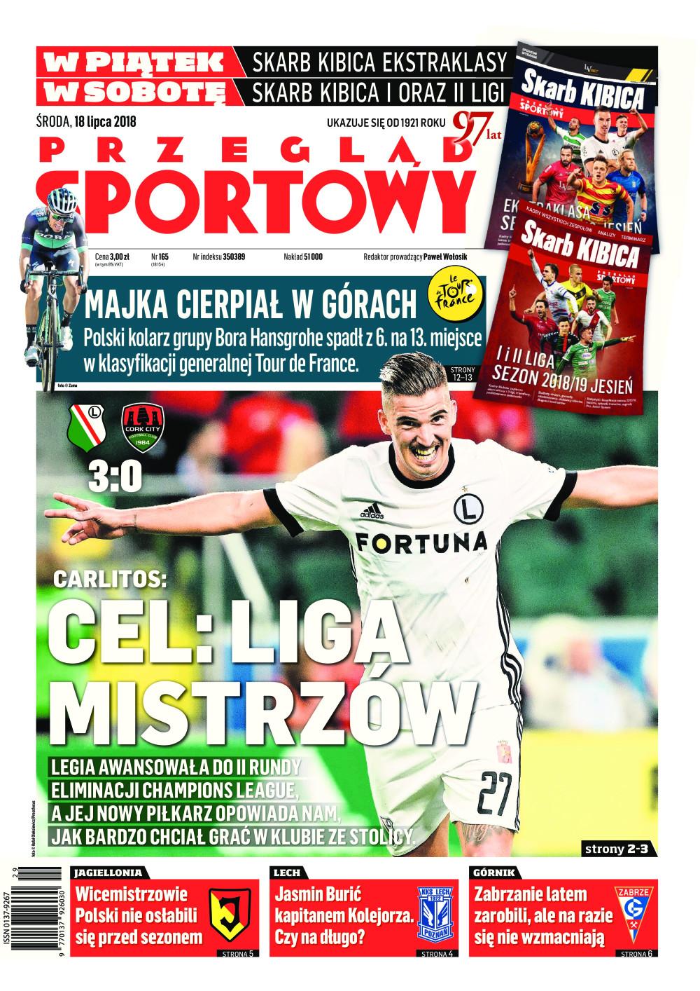 Okładka Przegląd Sportowy po meczu Legia Warszawa - Cork City 3:0 (17.07.2018).