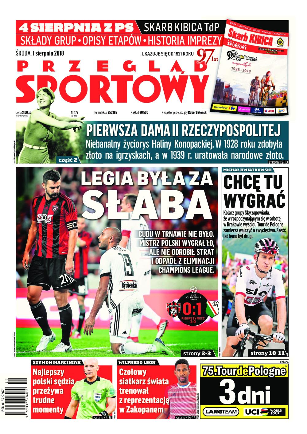Okładka Przegląd Sportowy po meczu Spartak Trnava - Legia Warszawa 0:1 (31.07.2018).