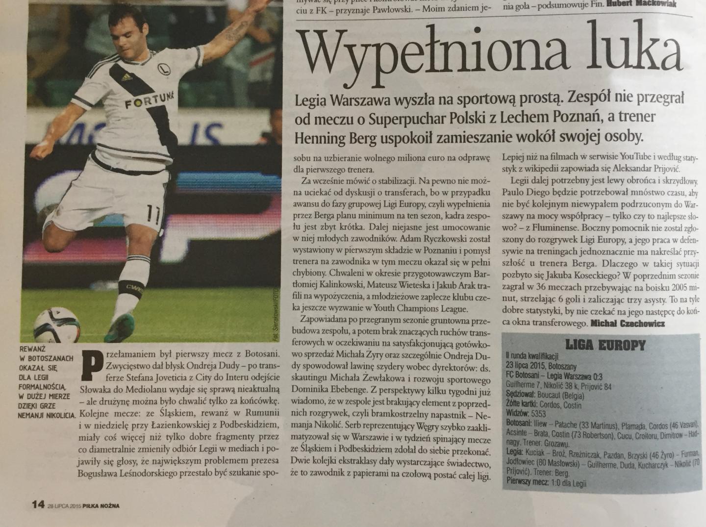 Piłka nożna po meczu FC Botoșani - Legia Warszawa 0:3 (23.07.2015).