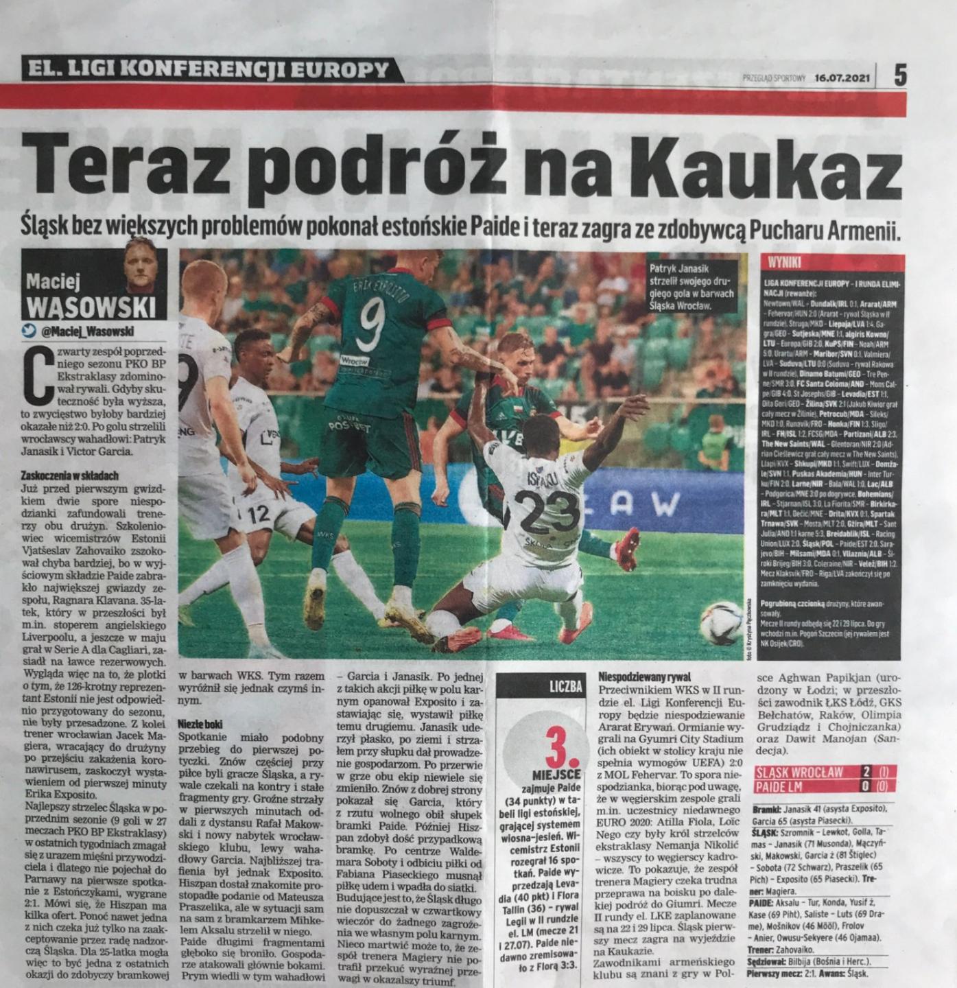 Przegląd Sportowy po meczu Śląsk Wrocław - Paide Linnameeskond 2:0 (15.07.2021).