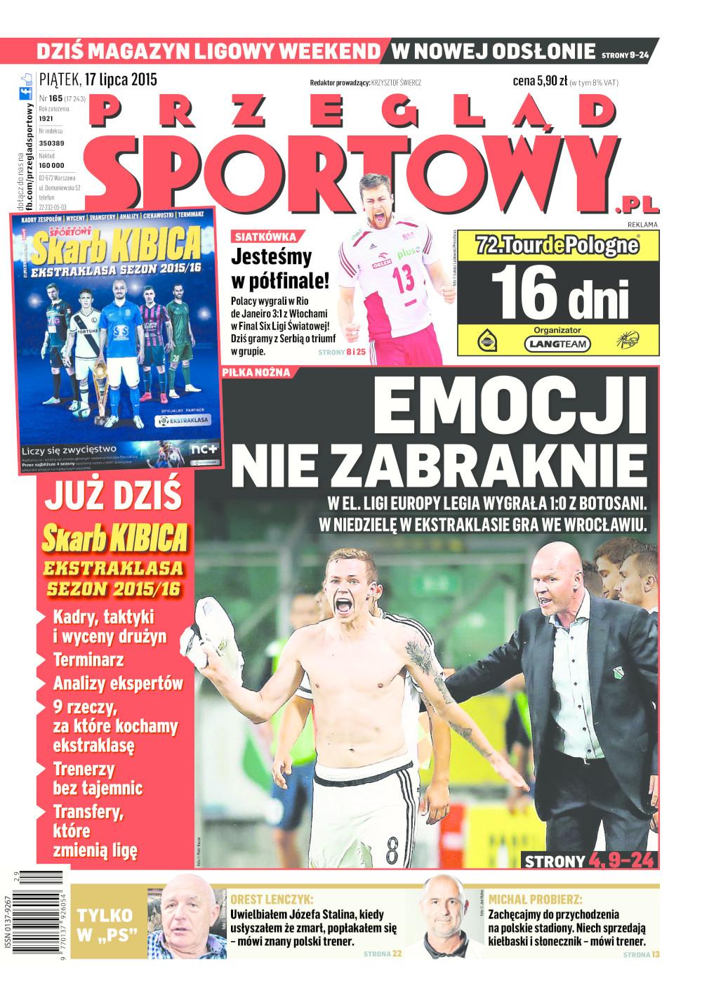 Okładka Przegląd Sportowy po meczu Legia Warszawa - FC Botoșani 1:0 (16.07.2015).