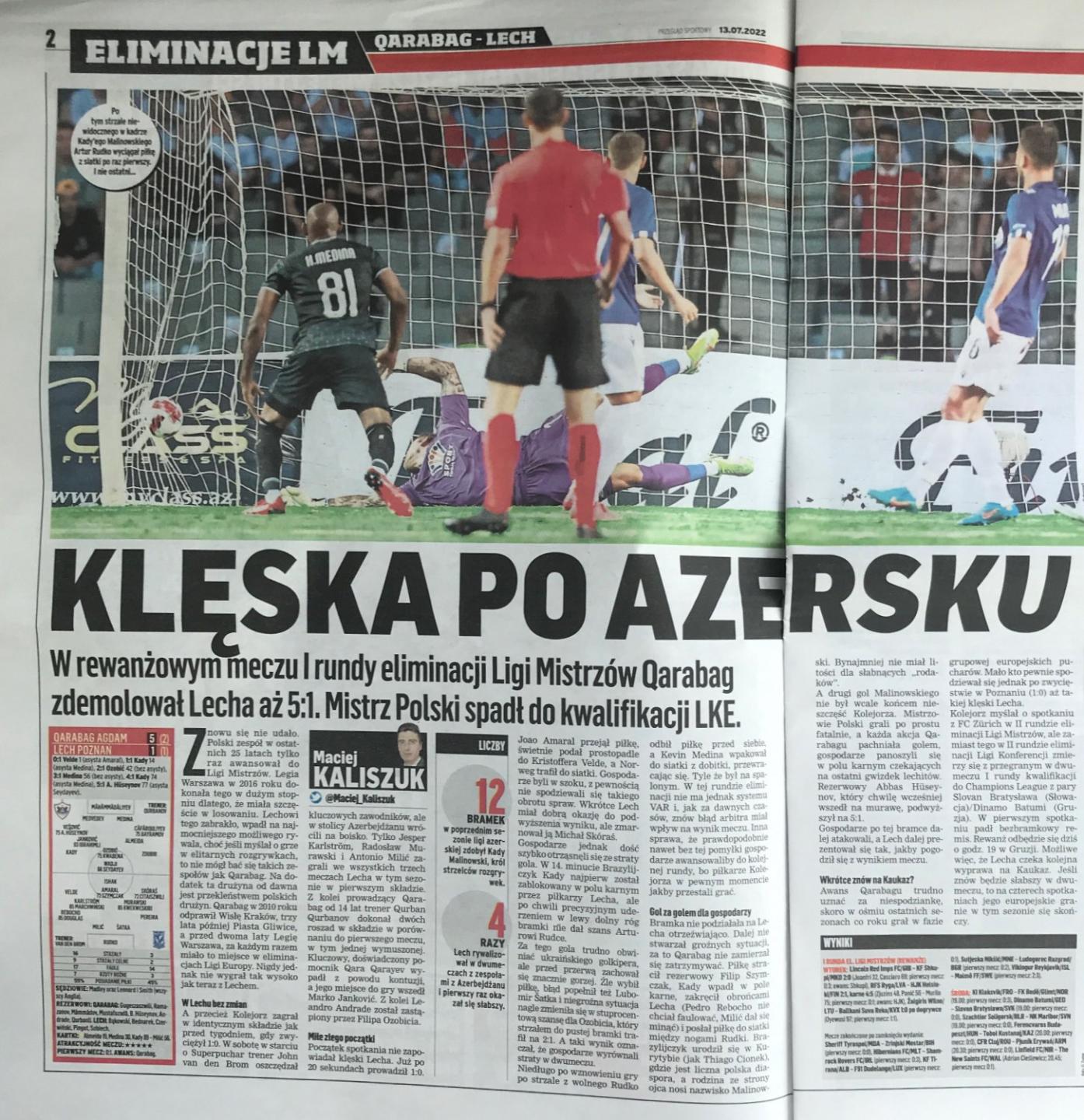 Przegląd Sportowy po meczu Qarabağ Ağdam - Lech Poznań 5:1 (12.07.2022).