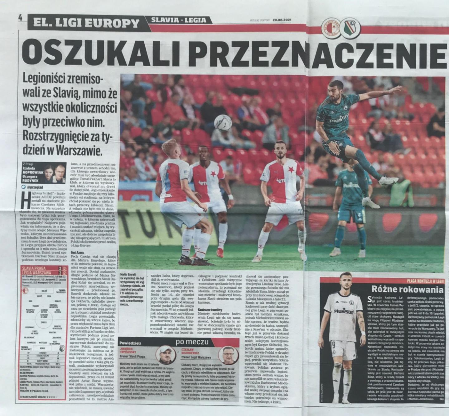 Przegląd Sportowy po meczu Slavia Praga - Legia Warszawa 2:2 (19.08.2022).