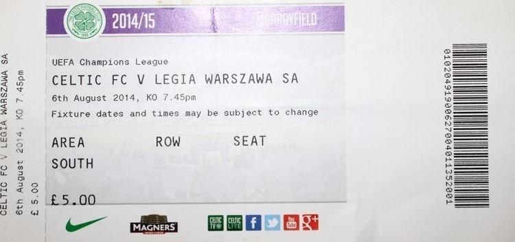 Bilet z meczu Celtic Glasgow - Legia Warszawa 3:0 wo (06.08.2014).