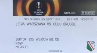 Bilet z meczu Legia Warszawa - Club Brugge 1:1 (22.10.2015).