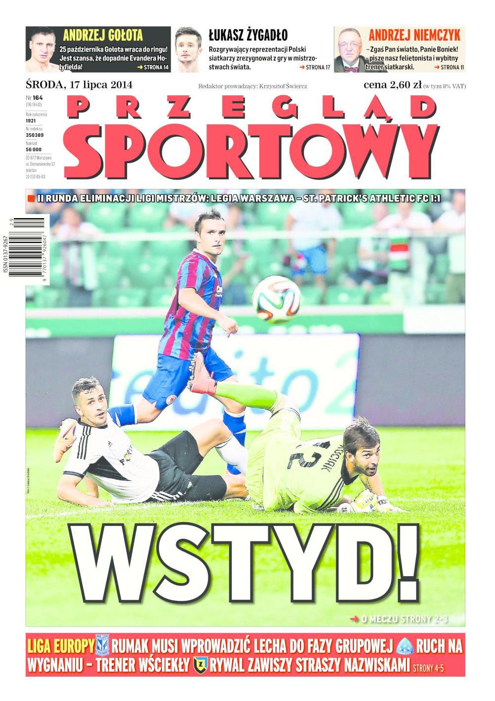 Okładka Przegląd Sportowy po meczu Legia Warszawa - St Patrick's Athletic FC 1:1 (16.07.2014).
