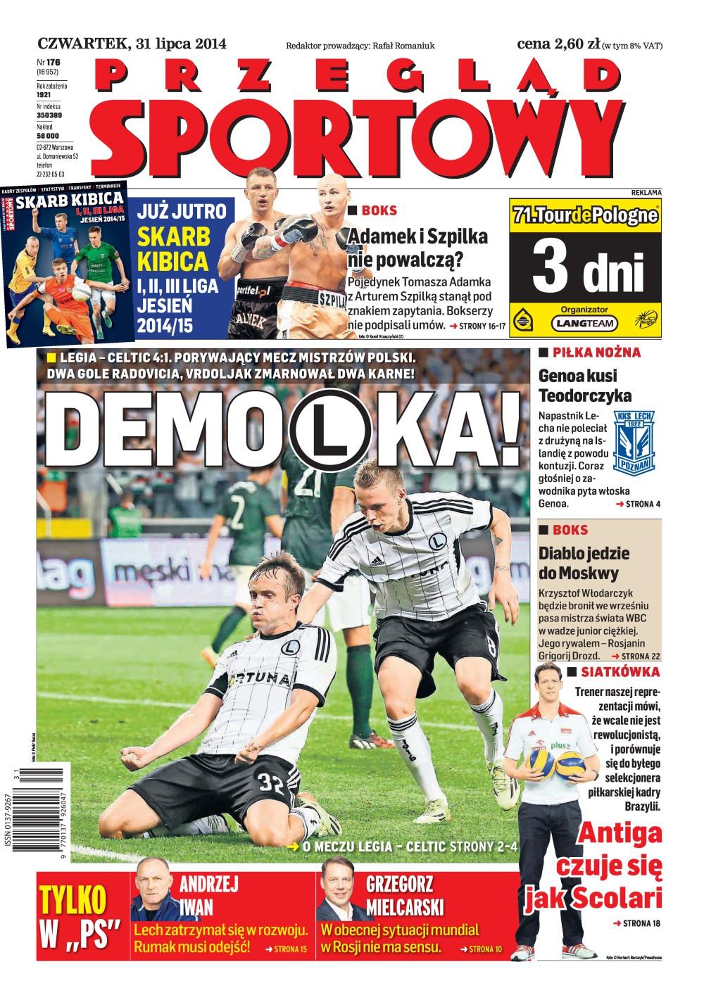 Okładka Przegląd Sportowy po meczu Legia Warszawa - Celtic Glasgow 4:1 (30.07.2014)