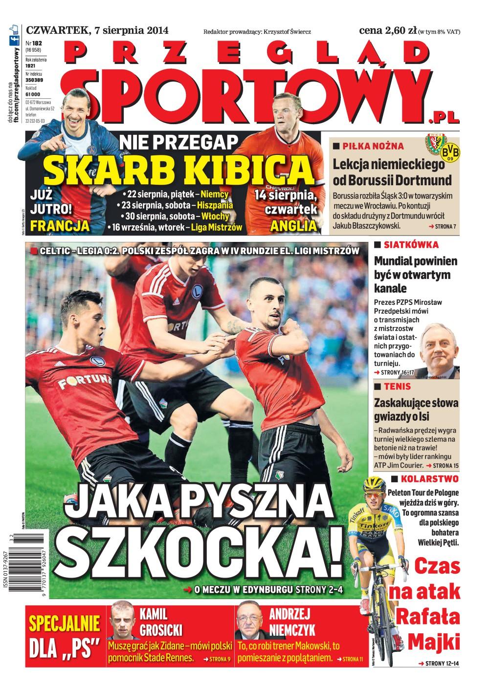 Okładka Przegląd Sportowy po meczu Celtic Glasgow - Legia Warszawa 3:0 wo (06.08.2014).