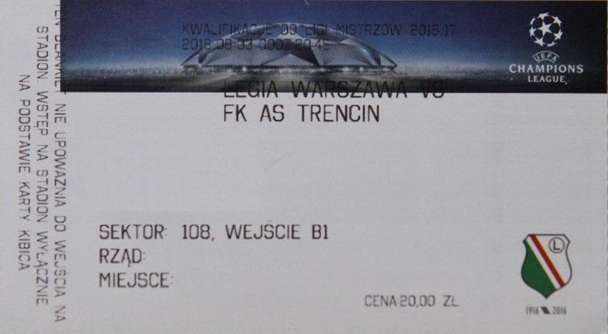 Bilet z meczu Legia Warszawa - AS Trenčín 0:0 (03.08.2016)