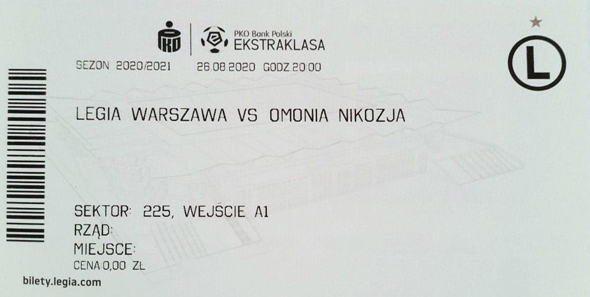 Bilet z meczu Legia Warszawa - Omonia Nikozja 0:2 pd. (26.08.2020)