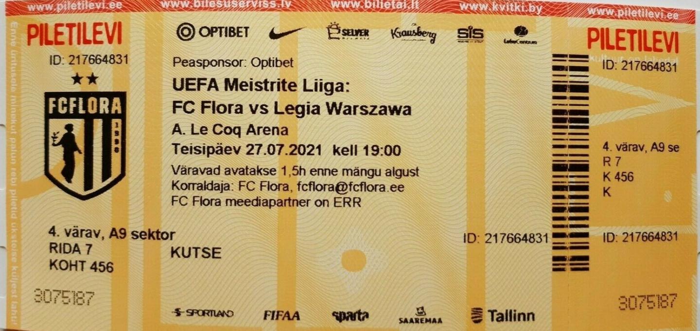Bilet z meczu Flora Tallin - Legia Warszawa 0:1 (27.07.2021)
