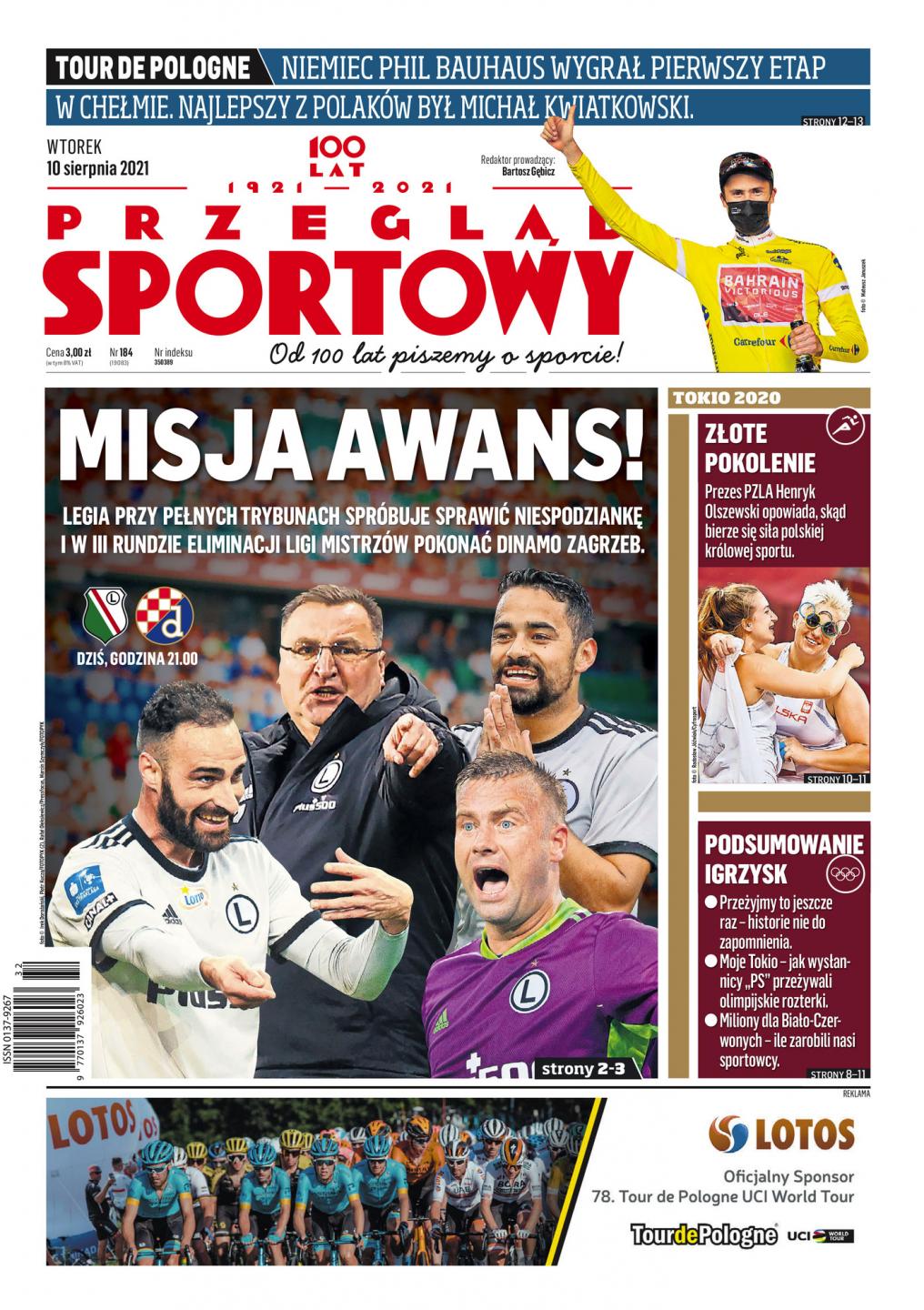 Okładka Przegląd Sportowy przed meczem Legia Warszawa - Dinamo Zagrzeb 0:1 (10.08.2021)