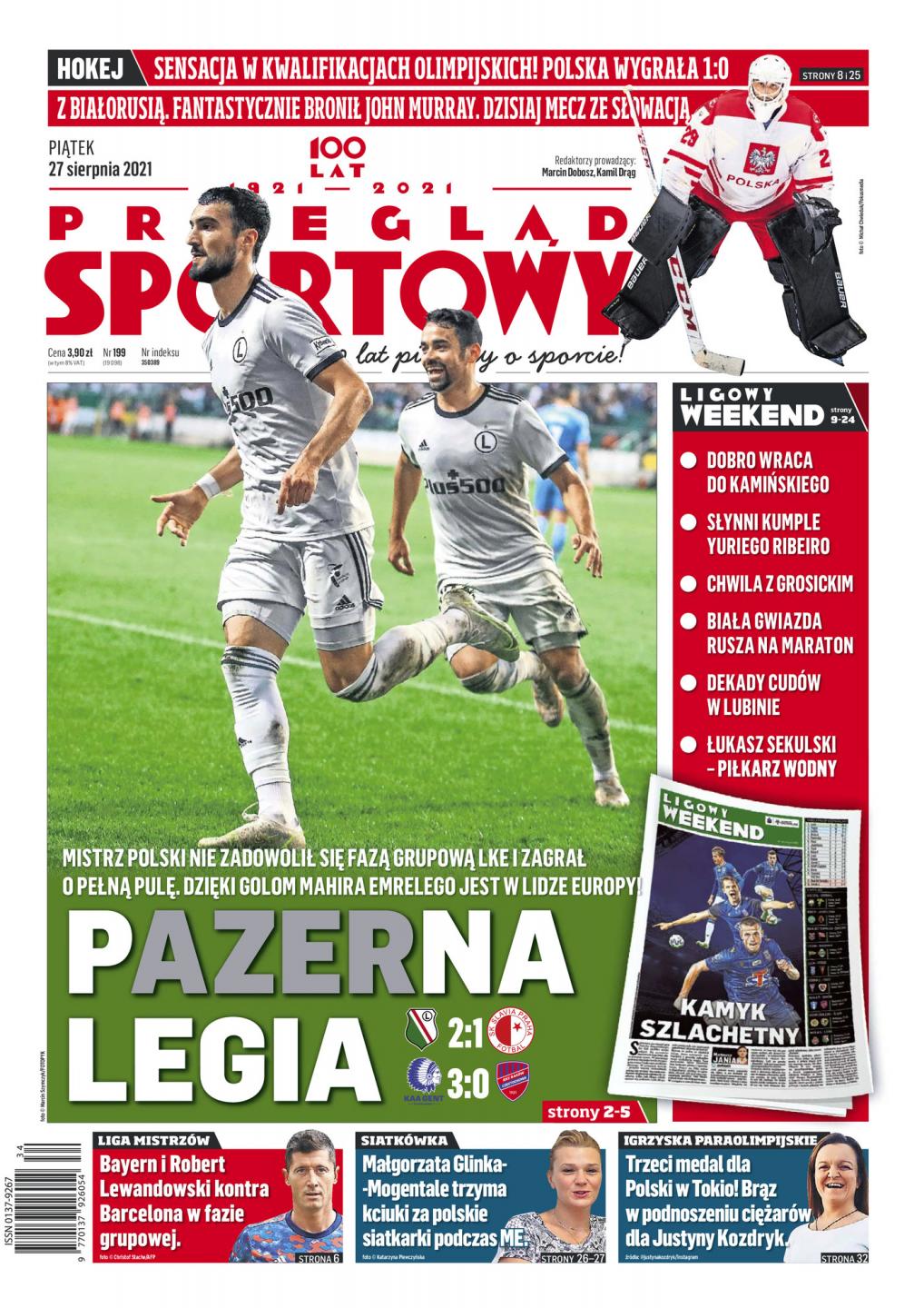Okładka Przegląd Sportowy po meczu Legia Warszawa - Slavia Praga 2:1 (26.08.2021).