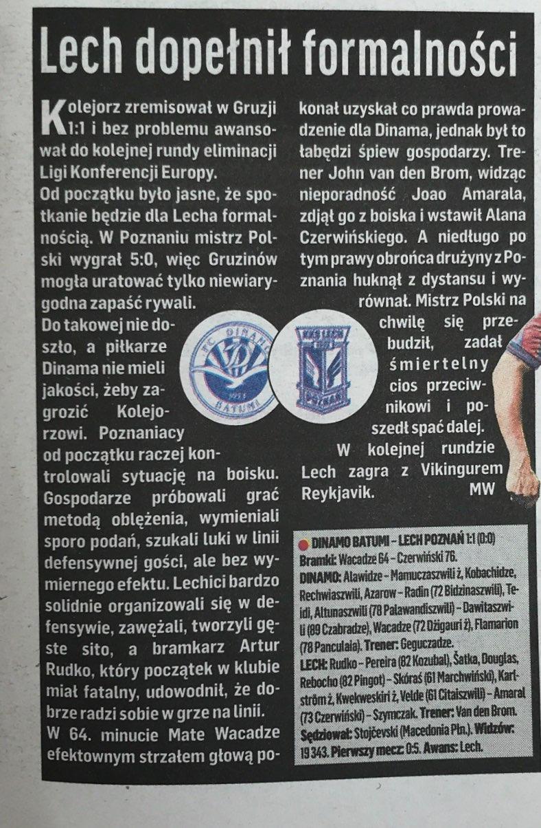 Przegląd Sportowy po meczu Dinamo Batumi - Lech Poznań 1:1 (28.07.2022)
