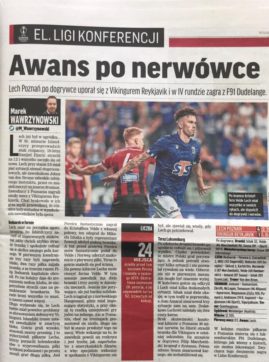 Przegląd Sportowy po meczu Lech Poznań - Vikingur Reykjavik 4:1 pd. (11.08.2022).