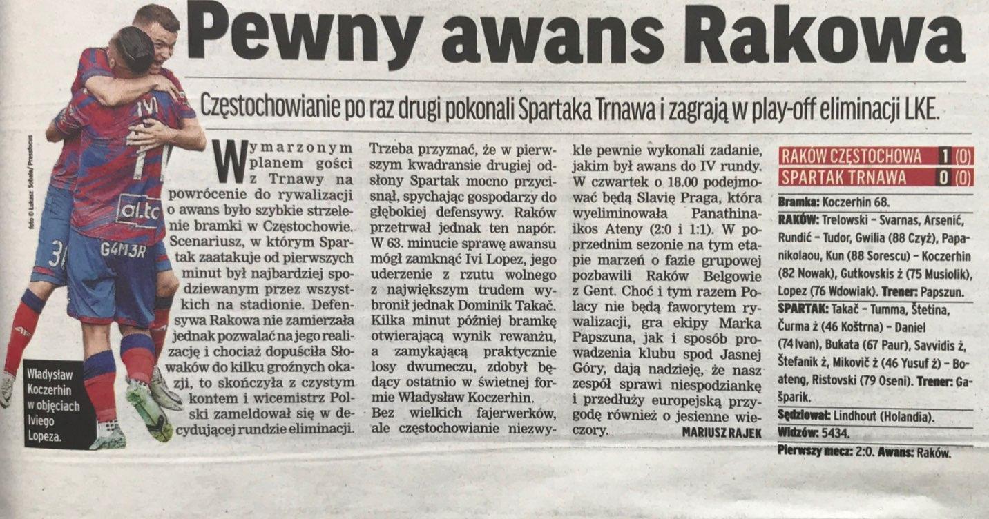 Przegląd Sportowy po meczu Raków Częstochowa - Spartak Trnawa 1:0 (11.08.2022).