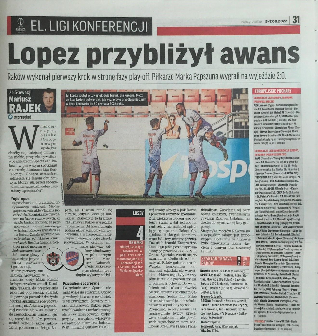 Przegląd Sportowy po meczu Spartak Trnava - Raków Częstochowa 0:2 (04.08.2022)