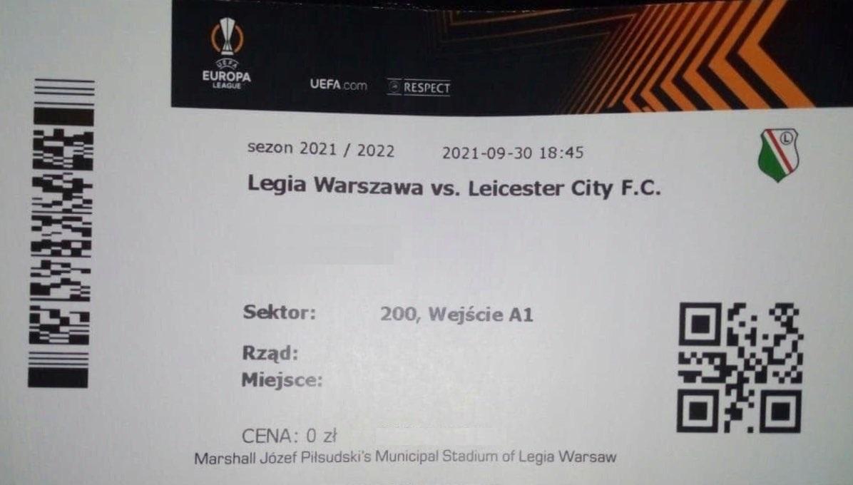 Bilet Legia Warszawa - Leicester City 1:0 (30.09.2021).