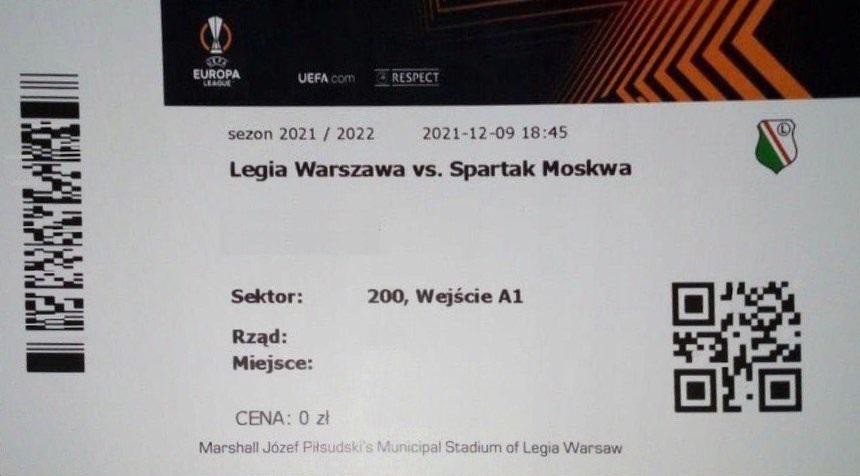 Bilet z meczu Legia Warszawa - Spartak Moskwa 0:1 (09.12.2021).