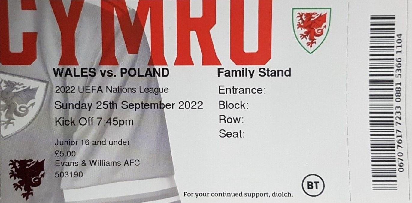 Bilet z meczu Walia - Polska 0:1 (25.09.2022)