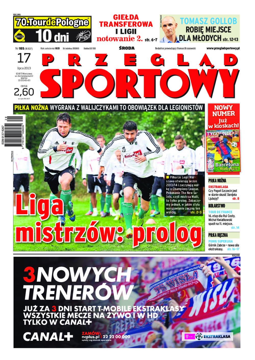 Okładka Przegląd Sportowy przed meczem The New Saints FC - Legia Warszawa 1:3 (17.07.2013)