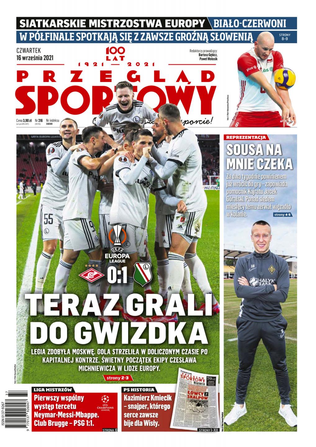 Okładka Przegląd Sportowy po meczu Spartak Moskwa - Legia Warszawa 0:1 (15.09.2021).