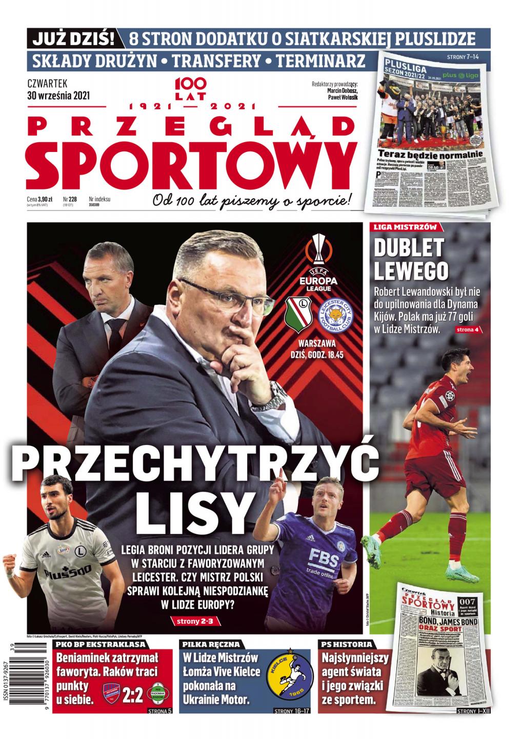 Okładka Przegląd Sportowy przed meczem Legia Warszawa - Leicester City 1:0 (30.09.2021).