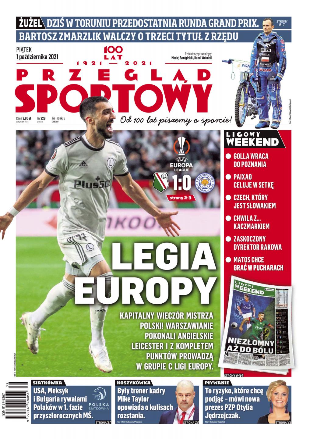 Okładka Przegląd Sportowy po meczu Legia Warszawa - Leicester City 1:0 (30.09.2021).