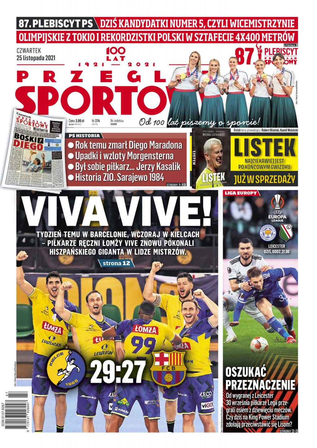 Okładka Przegląd Sportowy przed meczem Leicester City - Legia Warszawa 3:1 (25.11.2021)