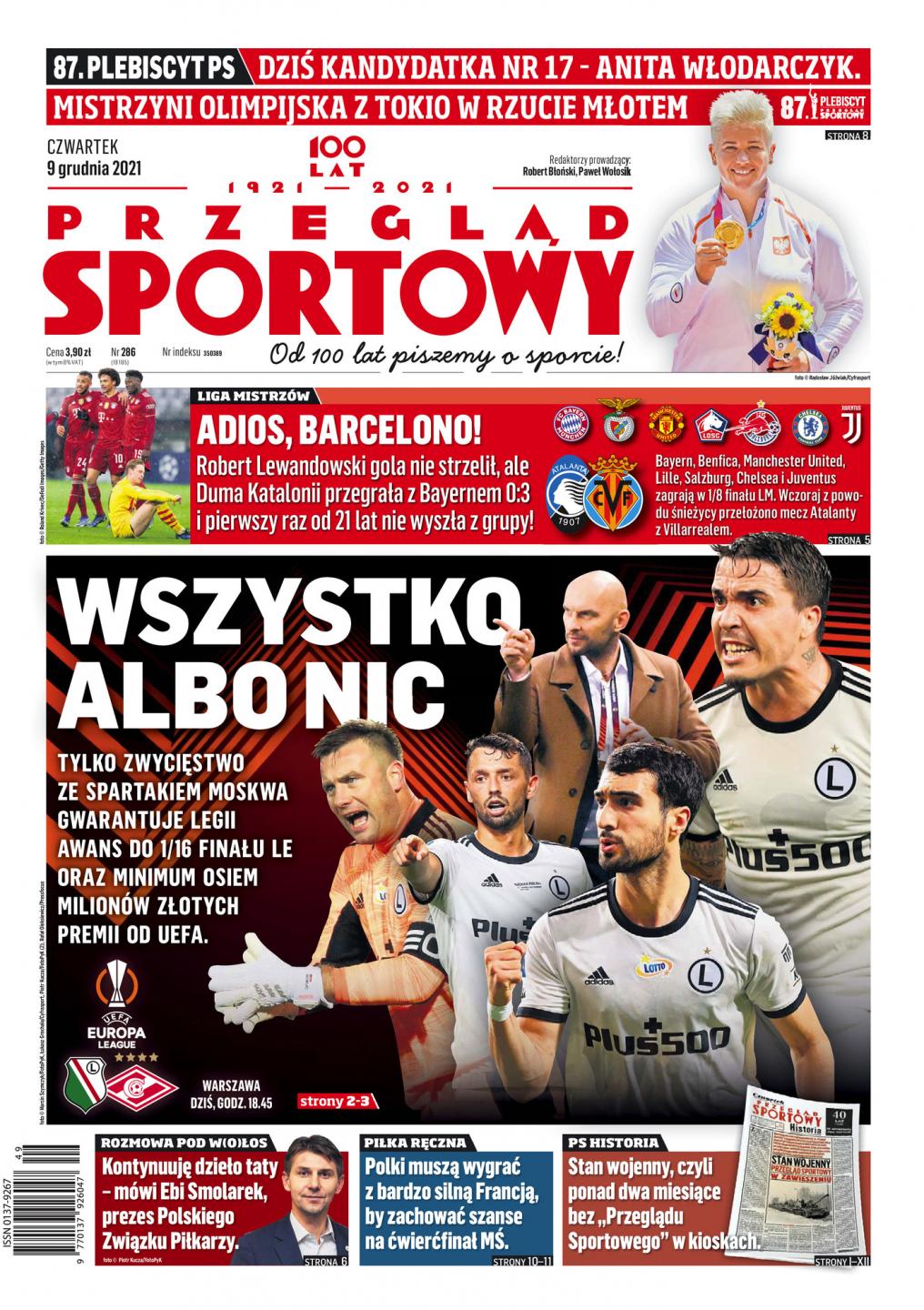 Okładka Przegląd Sportowy przed meczem Legia Warszawa - Spartak Moskwa 0:1 (09.12.2021)