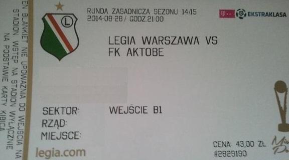 Bilet Legia Warszawa - FK Aktobe 2:0 (28.08.2014)