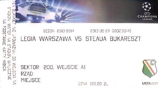 Bilet z meczu Legia Warszawa - Steaua Bukareszt 2:2 (27.08.2013)