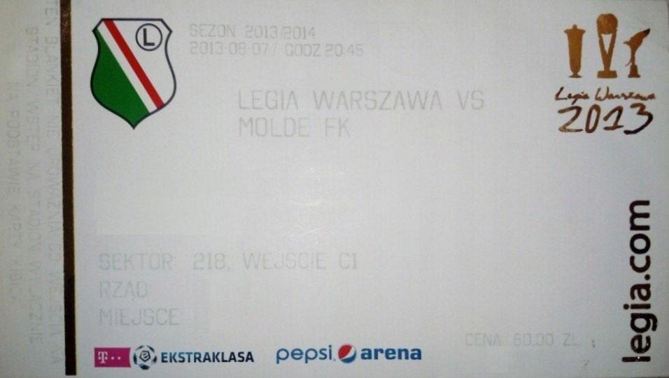 Bilet z meczu Legia Warszawa - Molde FK 0:0 (07.08.2013)