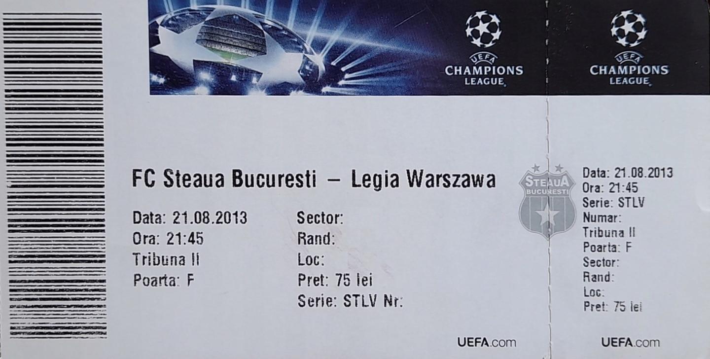 Bilet z meczu Steaua Bukareszt - Legia Warszawa 1:1 (21.08.2013)
