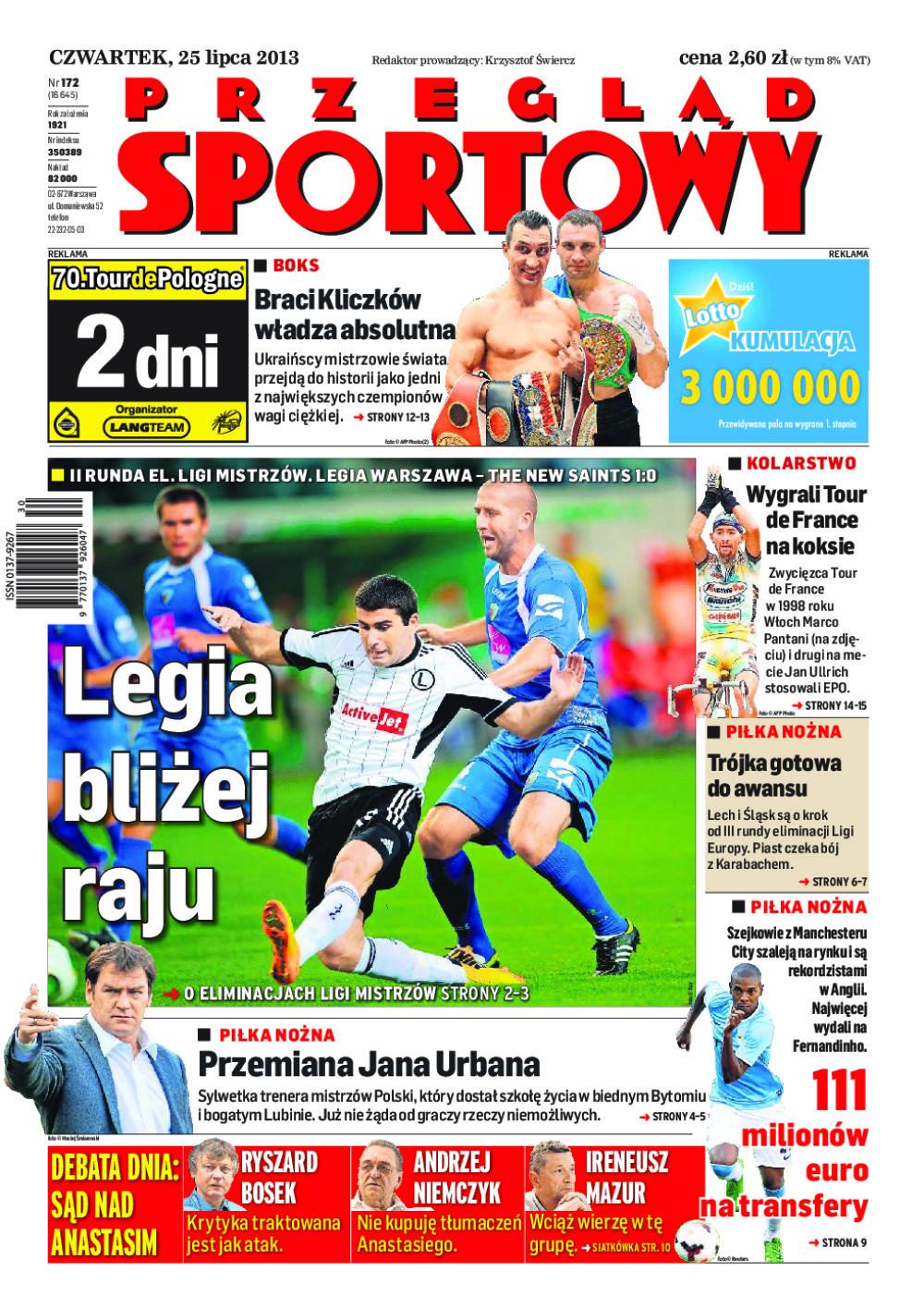 Okładka Przegląd Sportowy po meczu Legia Warszawa - The New Saints FC 1:0 (24.07.2013)