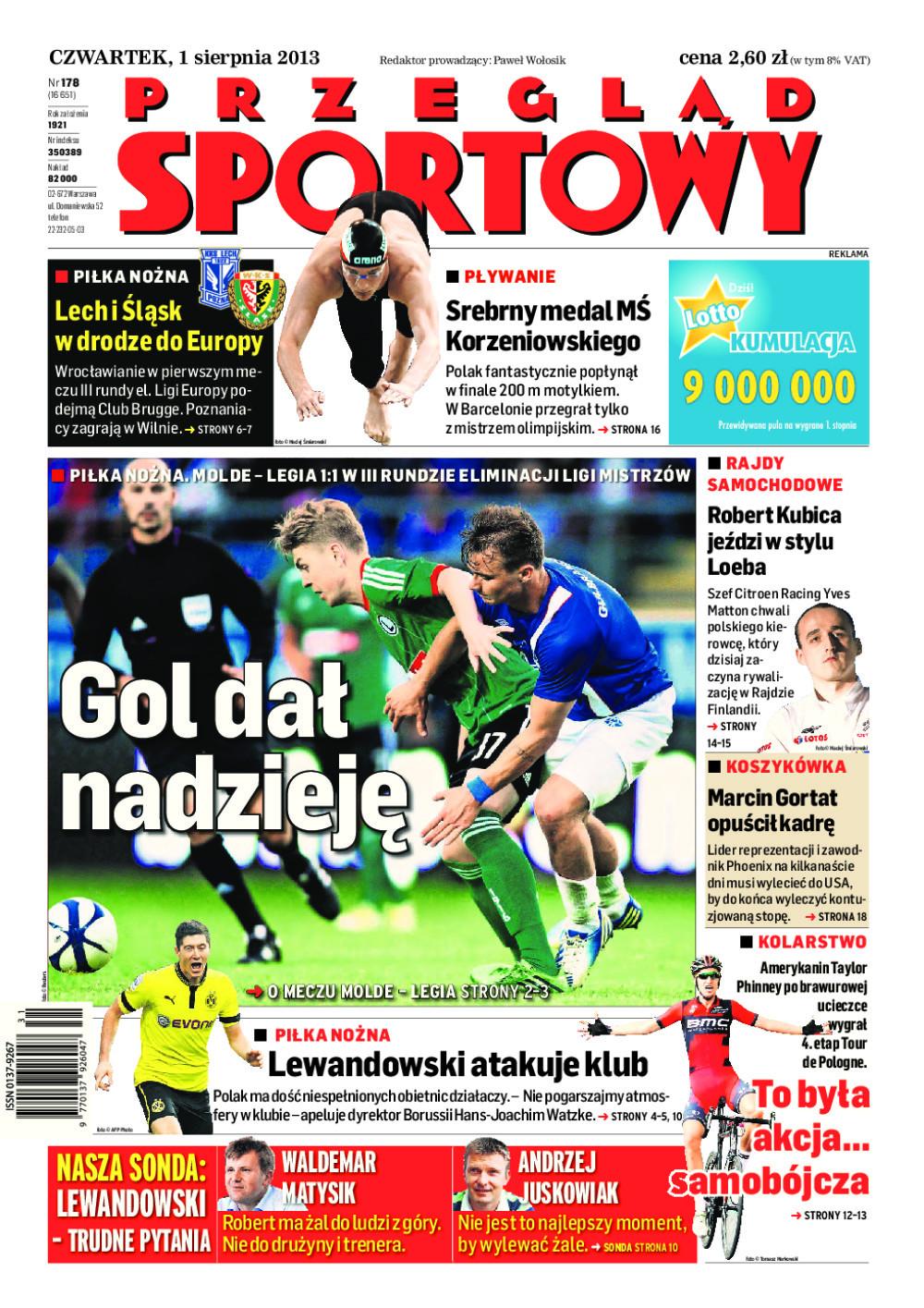 Okładka Przegląd Sportowy po meczu Molde FK - Legia Warszawa 1:1 (31.07.2013).