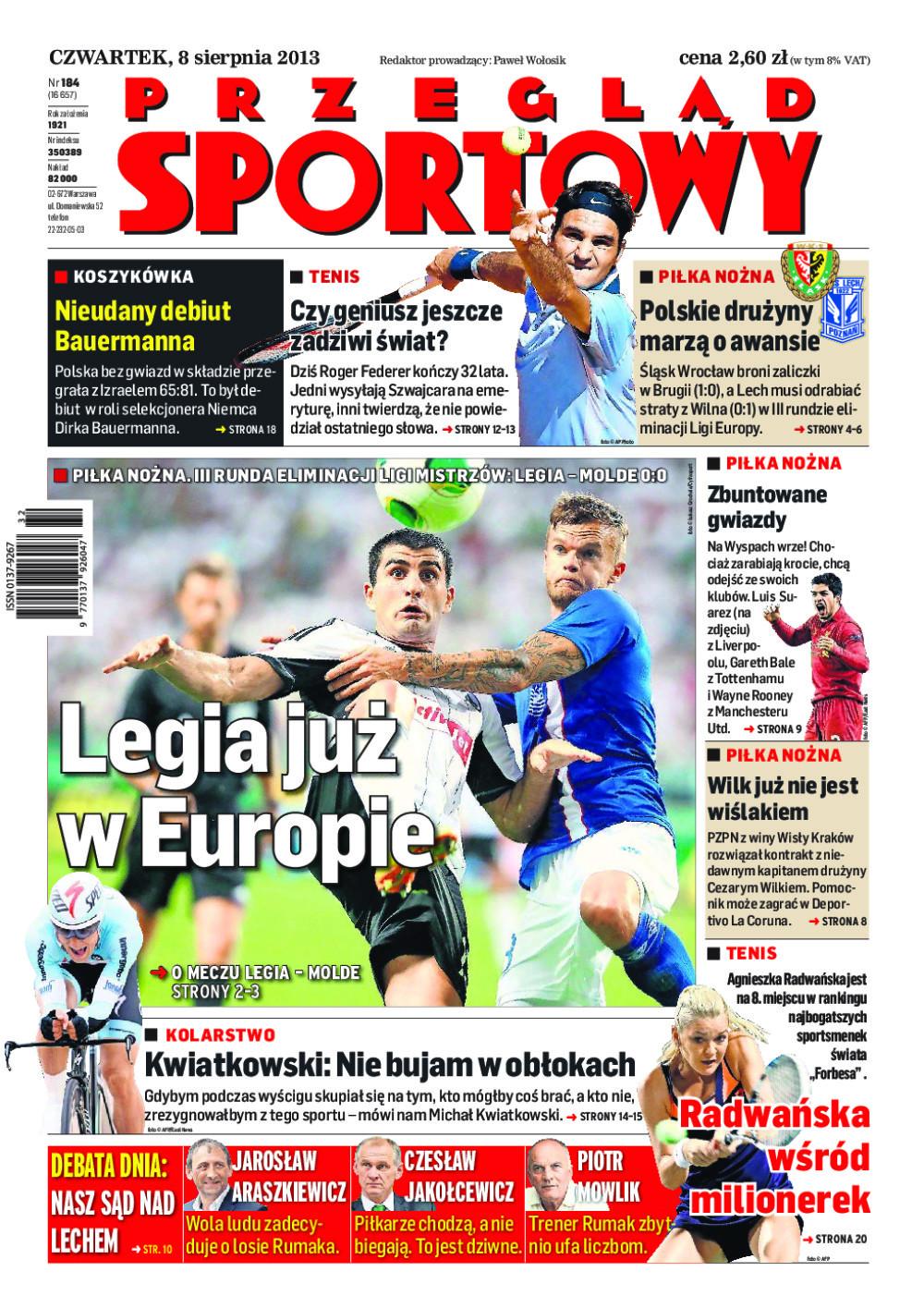 Okładka Przegląd Sportowy po meczu Legia Warszawa - Molde FK 0:0 (07.08.2013)