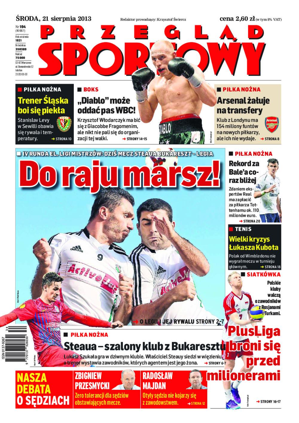 Okładka Przegląd Sportowy przed meczem Steaua Bukareszt - Legia Warszawa 1:1 (21.08.2013).
