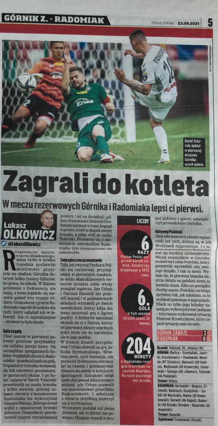 Przegląd Sportowy po meczu Górnik Zabrze - Radomiak Radom 2:0 (22.09.2021).