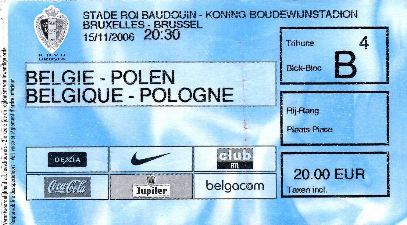 Bilet z meczu Belgia - Polska 0:1 (15.11.2006)
